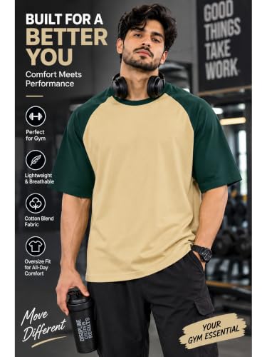 Image of Oversized T Shirt for Men Gym, Gym T Shirts for Men Workout Oversized, Cotton Blend, Color Blocked (Pack of 1)