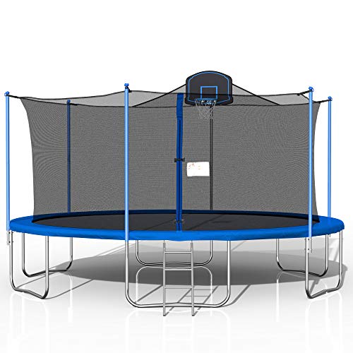 1000 LBS 16FT Trampoline with Safety Enclosure Net, Fitness Trampoline,Basketball Hoop, Spring Pad, Ladder, Combo Bounce Jump Trampoline, Outdoor Trampoline for Kids, Adults (Blue)