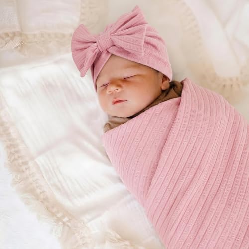 Image of DRESHOW BQUBO Baby Swaddle Blankets for Girls, 4PCS Newborn Accessories Set with Hat and Bow Headband with Hello World Wooden Birth Announcement Card, Baby Blankets for Girls