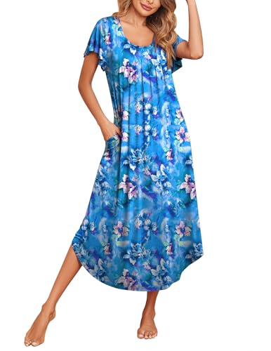 Ekouaer Long Nightgowns for Women with Pockets Short Sleeves Moo Moos for Women Casual House Dresses Blue Flowers 3XL