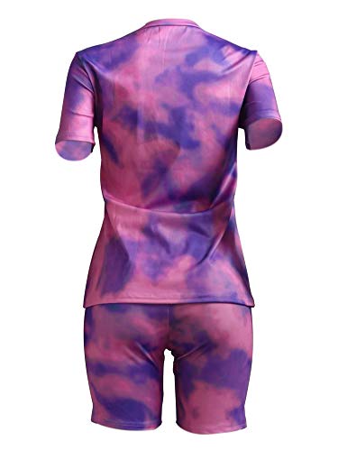 Women's Rainbow Tie Dye Short Sleeve Pullover T-Shirt Yoga Boyshorts 2 Piece Set Outfit S Purple #TOP2