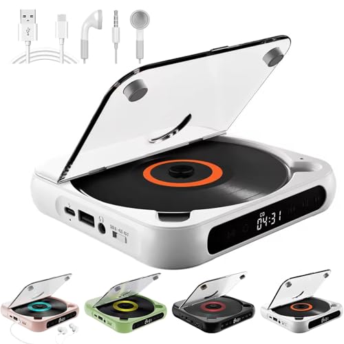 Reproductor de CD Portátil Yuguz, 2025 Nuevo Reproductor de CD Bluetooth con Altavoces y Auriculares, Mini Reproductor Recargable para el Hogar, la Oficina y Viajes(Blanco)