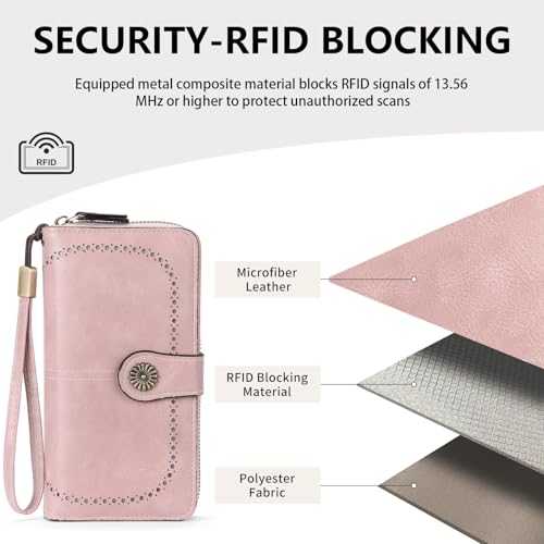 Image of Wristlet Wallets for Women Leather Credit Card Holder Bifold Pink | RFID Blocking, Large Capacity, Ladies Phone Clutch Purse with Zippered Coin Pocket