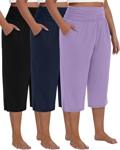 Neer 3 Pack Women's Plus Size Cotton Capri Pants High Waisted Wide Leg Loose Lounge Yoga Cropped Sweatpants with Pockets