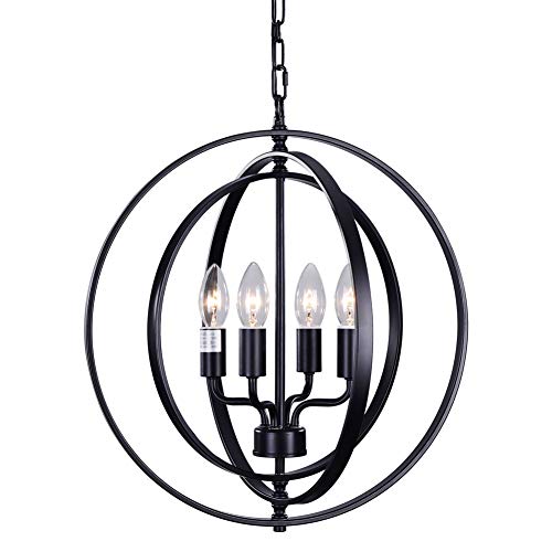 T&A Black Sphere Farmhouse Chandelier,Pivoting Interlocking Rings 18" 4-Light Kitchen Island Light,Globe Orbits Pendant Lights for Dining Rooms Living Rooms