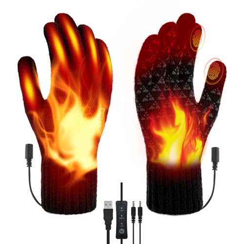 Ertisa USB Beheizte Handschuhe für Männer Frauen, Beidseitig Heizung Handschuhe Strickhandschuhe Ski Erhitzt Handschuh Touchscreen Wärmende Handschuhes 3 Temperatur Laptop Handschuhes Winter Geschenke