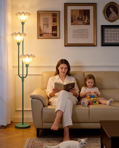 Image of 66 Inch Flower Green Floor Lamp for Living Room Bedroom Office, 3-Light Mid Century Standing Lamp with 3000K Warm White LED Bulbs, Vintage Floral Lamp with Heavy Stable Base & Foot Switch