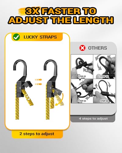 Image of 60 inch Flat Adjustable Bungee Cords with Hooks, 3X Faster to Adjust the Length | LUCKY STRAPS 6 Pack Yellow Heavy Duty Bungee Straps for Cargo, Bike, Cart, Tent, Truck, Camping, Outdoor