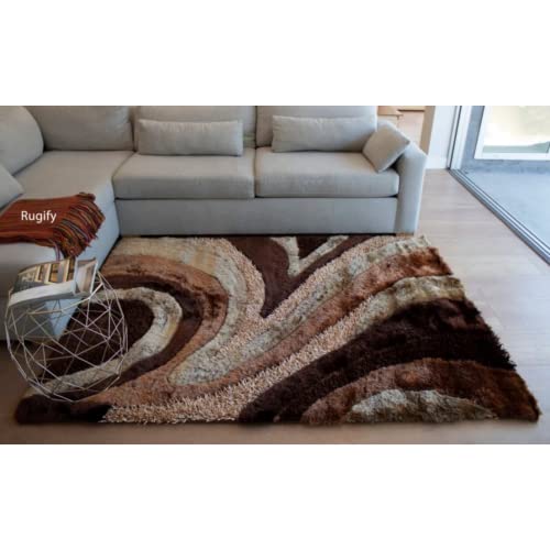 5'X7' Feet Shag Shaggy Furry 3D Carved Patterned Plush Large Soft Modern Bedroom Living Room Area Rug Carpet Rug Light Brown Dark Brown Gold Colors #TOP7