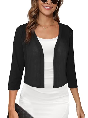 Image of Women's 3 /4 Sleeve Thin Shrugs Lightweight Open Front Cropped Sheer Cardigans for Summer