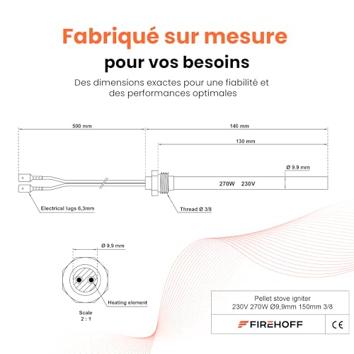 Bougie d'allumage pour poêle à granules - 270W, 130mm, diamètre 9,9mm, filetage 3/8, avec cosses - GARANTIE 2 ans - Made in Italy – vue 3