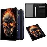 JANENFNA Passport and Vaccine Card Holder, Travel Wallet RFID Blocking PU Leather Case Cover with Vaccine Card Protector Slot with Pen, for Women and Men, Fire Skull A