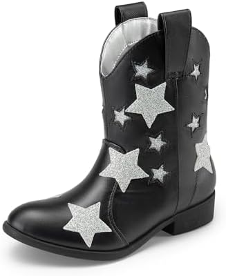 DREAM PAIRS Girls Cowgirl Boots Mid Calf Glitter Cowboy Western Boots Toddler Girls Star Riding Shoes