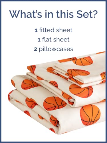 Image of Kids Queen Size Basketball Bed Sheets - 4 Piece Kids Basketball Sheet Set - Sporty Hoops Bedding - Ultra-Soft, Cute & Cozy - Breathable & Machine Washable - Bed Set for Boys, Girls, Teens & Toddlers