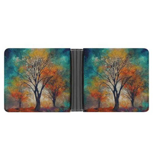 Men's Leather Wallet Bifold Wallet for Men Colorful Life Trees Slim Wallet with Multiple Card Classic Passcase Mens Card Holder