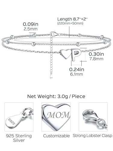 Image of ChicSilver Sterling Silver Anklets for Women Hypoallergenic Womens Ankle Bracelets for Women Layered Heart Anklet With Initials Womens Anklets Jewelry for Mom Wife