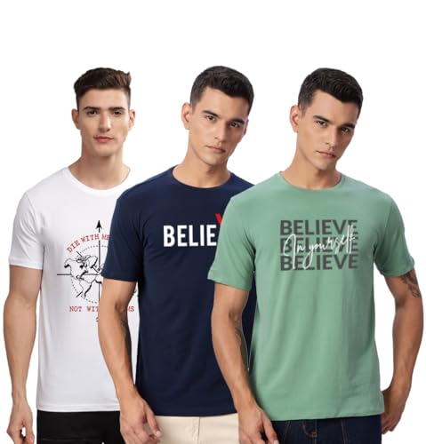 Image of ADRO 100% Cotton Lycra Tshirts for Men Combo Pack of 3 | Regular Fit | Printed T Shirt | Round Neck Half Sleeve| Mens Tshirts