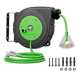 30FT Retractable Extension Cord Reel, 16AWG/3C SJTOW Heavy Duty Power Cord Reel with Lighted Triple Outlets, 10A Circuit Breaker, Lightweight Ceiling/Wall Mount Reel for Garage, ETL Listed, Green