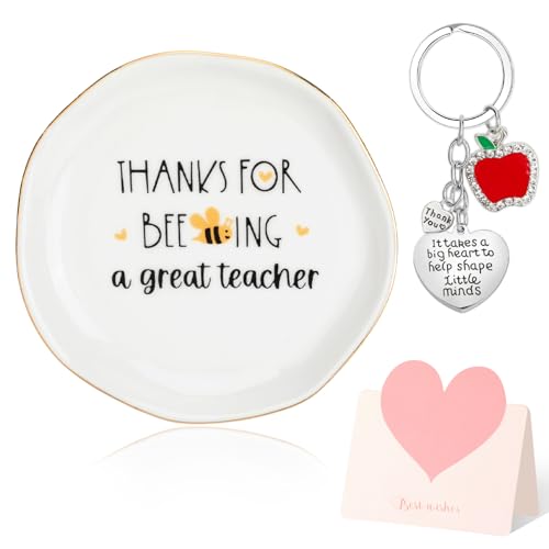 AWDK Regalo per insegnanti per donne, regalo per insegnanti, regali di apprezzamento per insegnanti, regalo di ringraziamento per insegnante, piatto di gioielli + portachiavi + biglietto di auguri