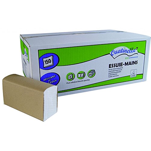 OUATINELLE 25 paquets de 150 feuilles essuie-mains 220x230 mm Pliage Z, 2 plis ECOLABEL