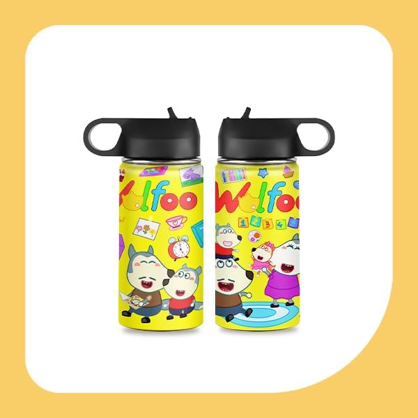 Miniatura 9 de Wolfoo - Botella de agua familiar con pajilla, botella de agua para niños con mango giratorio ancho, tapa de pajilla, botella de agua de acero