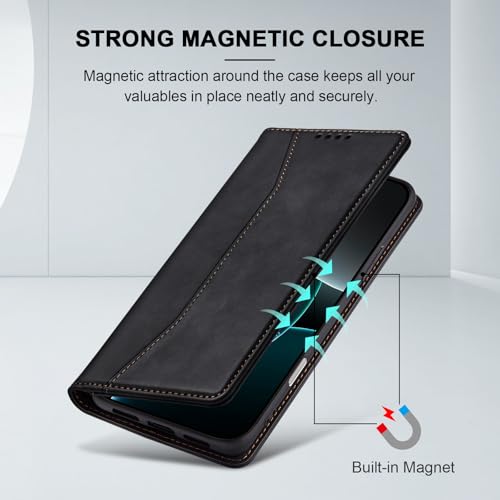 Image of Jasonyu Flip Wallet Case for iPhone 16 Pro,Leather Magnetic Folio Cover with Card Holder,Kickstand - TPU Shockproof Durable Protective Phone Case,Black