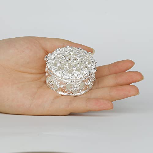 Sevenbees Silver Round Hollow Jewelry Box With Crystal Rhinestones Small Bejeweled Trinket Boxes Hinged Gifts For Women Or Girls #TOP1