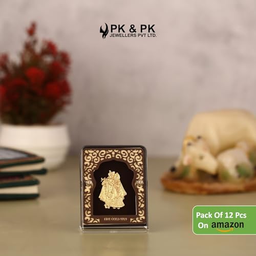 Image of Pk & Pk Jewellers Radha Krishna Ji Table Top | 24KT Gold | Small Size [6x9 cm] (for Premium Gift, Office Desk, Car Dashboard, Table Decoration) [Pack Of 12]