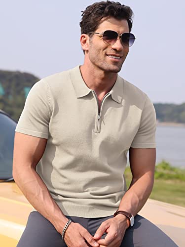 Rqp Mens Zipper Polo Shirts Tan Half Zip Up Pullover Short Sleeve Sweater Casual Knit Collared Shirt Ivory Fashion Trendy Summer Clothes High Stretch Rib Tshirt,Beige,X-Large #TOP2