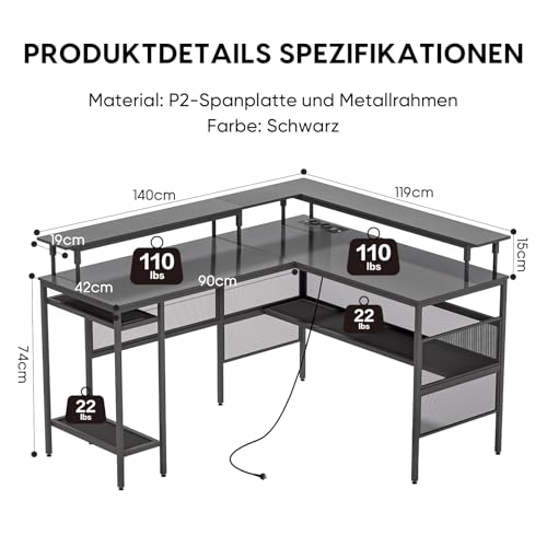 WASAGUN Scrivania da gioco a forma di L, con luci a LED, tavolo da gioco con prese di corrente, scrivania angolare da 55" con supporto per monitor, per casa, ufficio, scrivania industriale, nero - Immagine 2