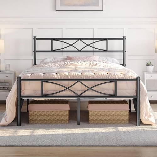 Yaheetech 5ft King Bed Frames Metal Slatted Bed Platform with Curved Design Headboard and Footboard, Under-bed Storage, No Box Spring Needed, 12 Built-in Steel Slats, Black