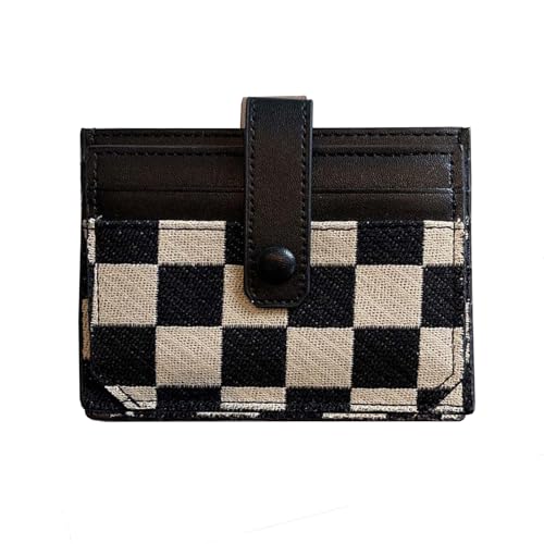 Women's Colorblock Plaid Pattern Compact Wallet, Bifold with ID Window Canvas Compact Wallet, Credit Card Holder for Women. (Black)