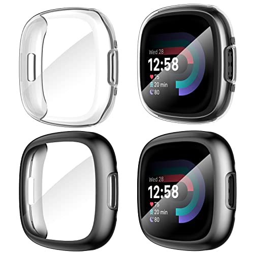 Diruite 4-Stück Schutzfolie für Fitbit Versa 4/Sense 2 Schutzhülle, HD Stoßfestes Weiche TPU Cover Vollschutz Display Schutz Hülle Schutz Case,Schwarz*2&Transparent*2