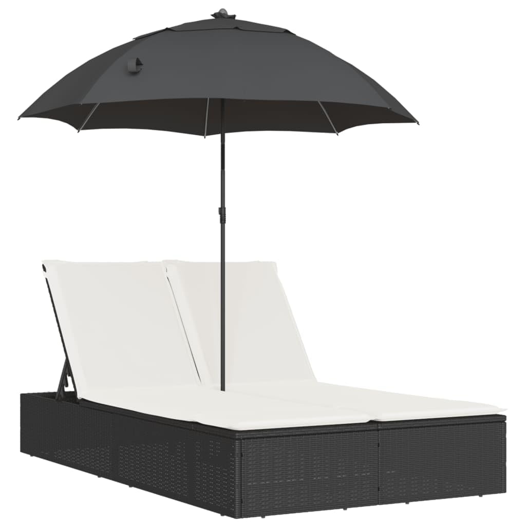 Chaise longue double résine tressée design noir haut de gamme avec parasol de luxe