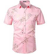 ZEROYAA Mens Hipster Gold Rose Printed Slim Fit Short Sleeve Button Down Dress Shirts