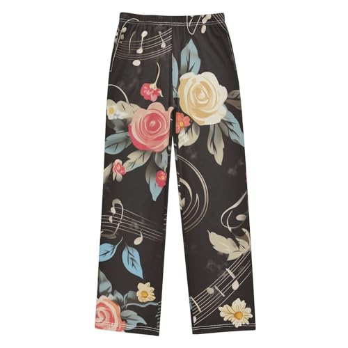 Music Note Rose Floral Boys Long Pants Soft Trousers Elastic Waist Kids Lounge Bottoms with Pockets S-XL