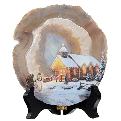 mookaitedecor Christmas Eve Art Print Natural Agate Slice Stone Ornament with Wooden Stand for Good Luck Home Office Decor Healing Crystal Housewarming Gift Christmas Winter Art Deco Decoration