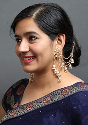 Bindhani Fashion Bollywood Jewellery Traditional Ethnic Bridal Bride Wedding Bridesmaid Gold Plated Kundan Pearl Drop Jhumka Jhumki Head Chain Indian Bahubali Earrings Jewelry For Women #TOP2