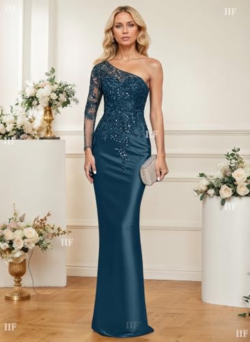 IIF Mermaid Mother of The Bride Dresses One Shoulder Lace Applique Sequin Long Formal Prom Gowns IIF1703