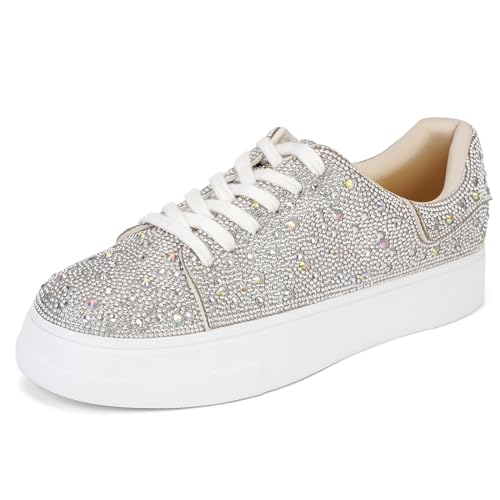 DOEYG Glitter Rhinestone Sneakers for Women Sparkly Sneakers Bling Sequin Wedding Tennis Shoes for Bride Pearl Sneakers Shoes Dress Bridal Shoes