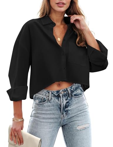 Zeagoo Womens Button Down Cropped Shirts Long Sleeve V Neck Solid Tops Casual Collared Blouse with Chest Pocket XS-XXL