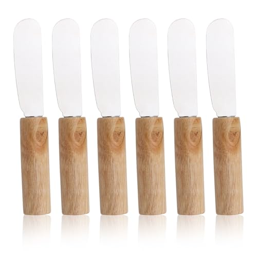 XENQITO 6 Pezzi Coltelli da Burro in Acciaio Inox, Piccoli Coltelli da Formaggio con Manico in Legno, Coltelli da Cucina da Spalmare per Snack Marmellata Pane Panna Burro Formaggio Cremoso