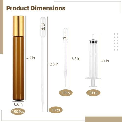 150 PCS Essential Oil Roller Bottles - Oil Perfume Leak Proof 10ml Empty Glass Roller Bottles with Stainless Steel Roller Balls with 5 Funnels for Travel Business Amber Brown4