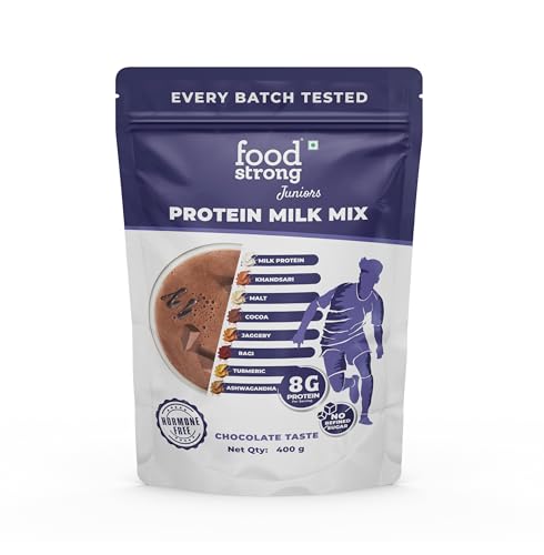 Foodstrong Juniors Protein Milk Mix for Young Athletes | 8g Protein per Serving | Chocolate Flavour | Natural Ingredients | Hormone-Free, No Refined Sugar | 400g