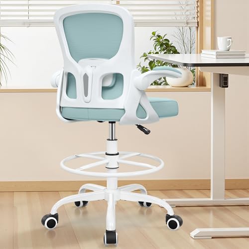 Image of Drafting Chair Tall Office Chair for Standing Desk - Ergonomic Computer Work Stool with Lumbar Support, Flip-up Arms & Foot Ring. for Studio Artist Engineer Gaming Bar Study (Light Blue)