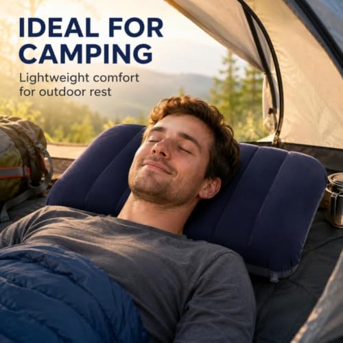 Image of Rubberized Cotton Small Squared Travel Flocked Fabric Air Pillow, Compact, Comfortable and Inflatable, Used for Neck & Lumbar Support, Camping and Hiking, Blue Color, (Pack of 1)