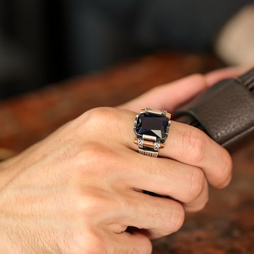 Babylon Silver BS-20190 Genuine Solid 925 Sterling Silver Ring For Men, Accented With Bronze, Faceted Simulated Blue Sapphire Stone thumb #2