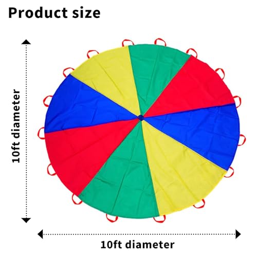 Image of Parachute 10ft - Kids Play Rainbow Gymnastics Parachute with Handles for Field Days Group Team Cooperative Games, Gym Class Parachute Birthday Church VBS Activity Supplies Children's Toy