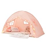 Akiky Bed Tent Bed Canopy Twin Size with Bottom,Kids Tent with Lights Portable Foldable Bunk Bed Curtains for Girls Boys (Pink, Twin)
