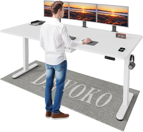 Devoko Höhenverstellbarer Schreibtisch mit 2 Motoren，25mm Einteilige Tischplatte, 200x80 cm Mobiler Elektrisch Computertisch mit Kabel Management, weiß - Perfekte Ergonomie für Dein Büro